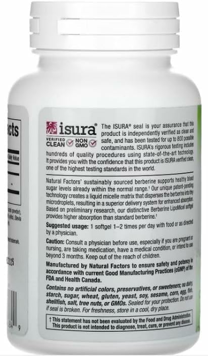 Bottle showing 60 liquid softgels in the Natural Factors Berberine LipoMicel Matrix range