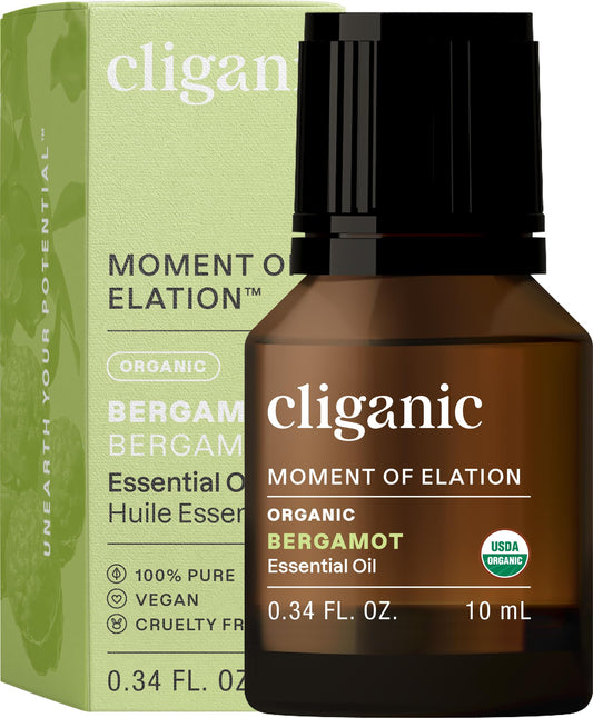 Cliganic Organic Bergamot Essential Oil bottle front view (0.33 fl oz)