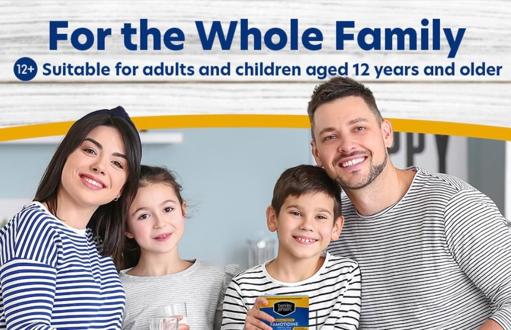 Berkley Jensen famotidine bottle close-up highlighting gluten-free formula.