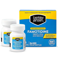 Berkley Jensen famotidine packaging shows two bottles for all-day heartburn relief.
