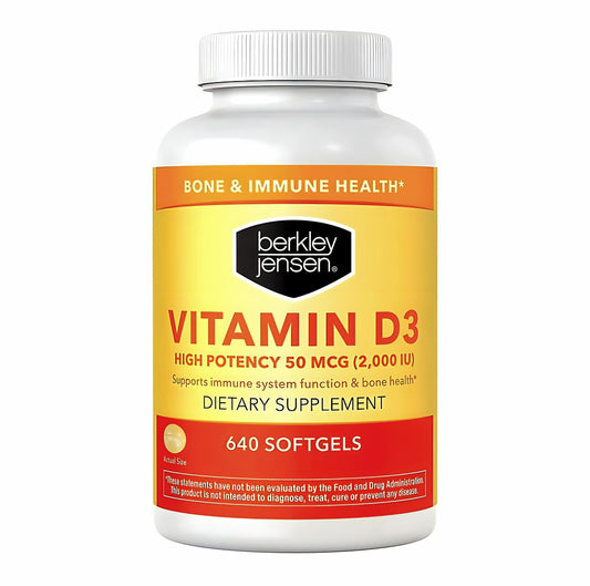 Berkley Jensen Vitamin D3 2000 IU bottle label with 640 softgels