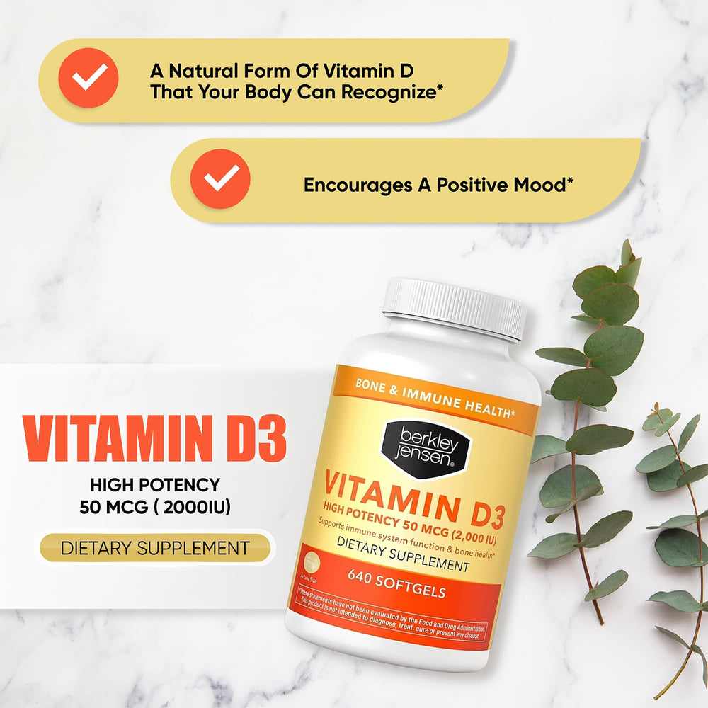 Front view of Berkley Jensen Vitamin D3 bottle with label