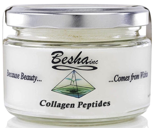 BESHA INC Verisol collagen powder bottle beside glass
