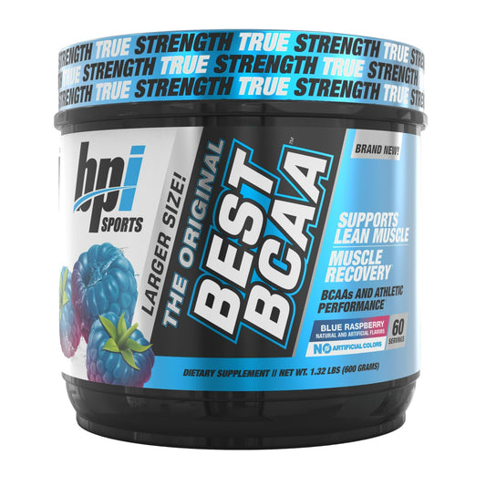 Front view of BPI Sports Best BCAA bottle in Blue Raspberry flavor