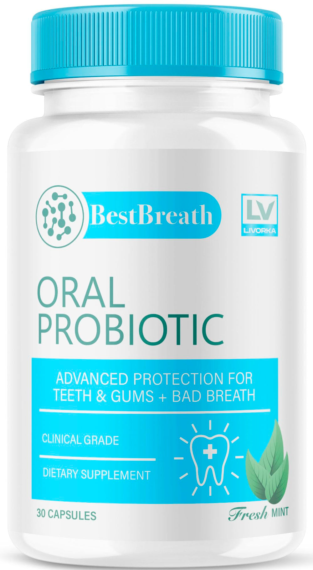 Best Breath Oral Probiotic bottle front view with 30 capsules