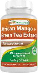 Front bottle of Best Naturals African Mango with Green Tea 1400 mg per Serving - 120 Vegetarian Capsules