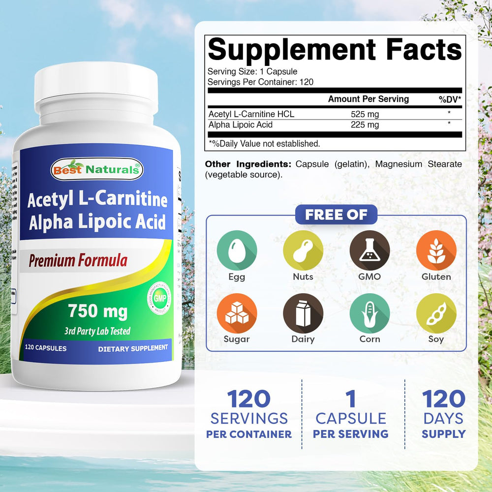 Close-up of 750 mg Acetyl L-Carnitine Alpha Lipoic Acid capsules