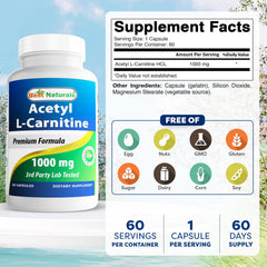 Close-up of Best Naturals Acetyl L-Carnitine 1000 mg capsules