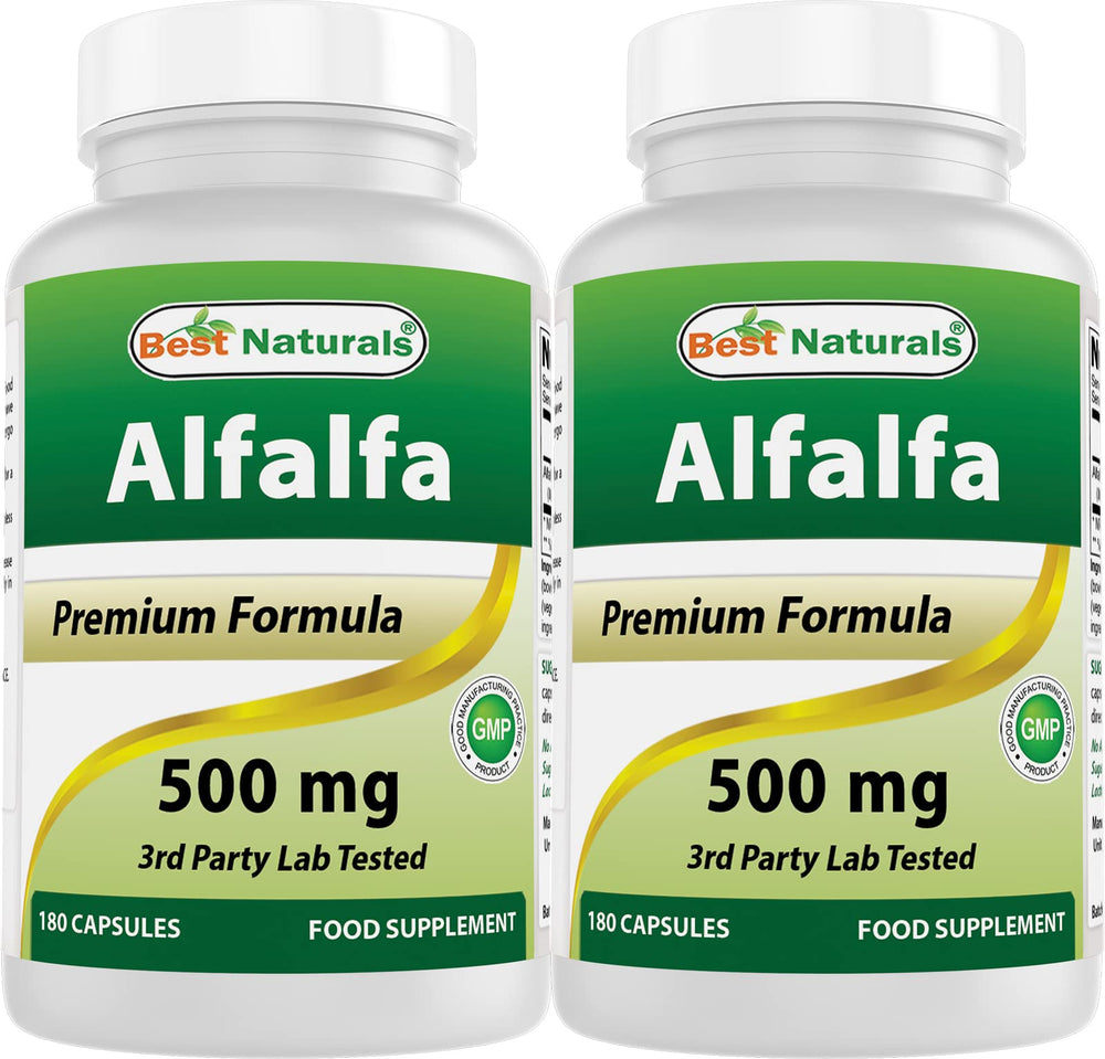 Main image: Best Naturals Alfalfa Green Super Food bottle – 500 mg per capsule, 180 capsules, Pack of 2