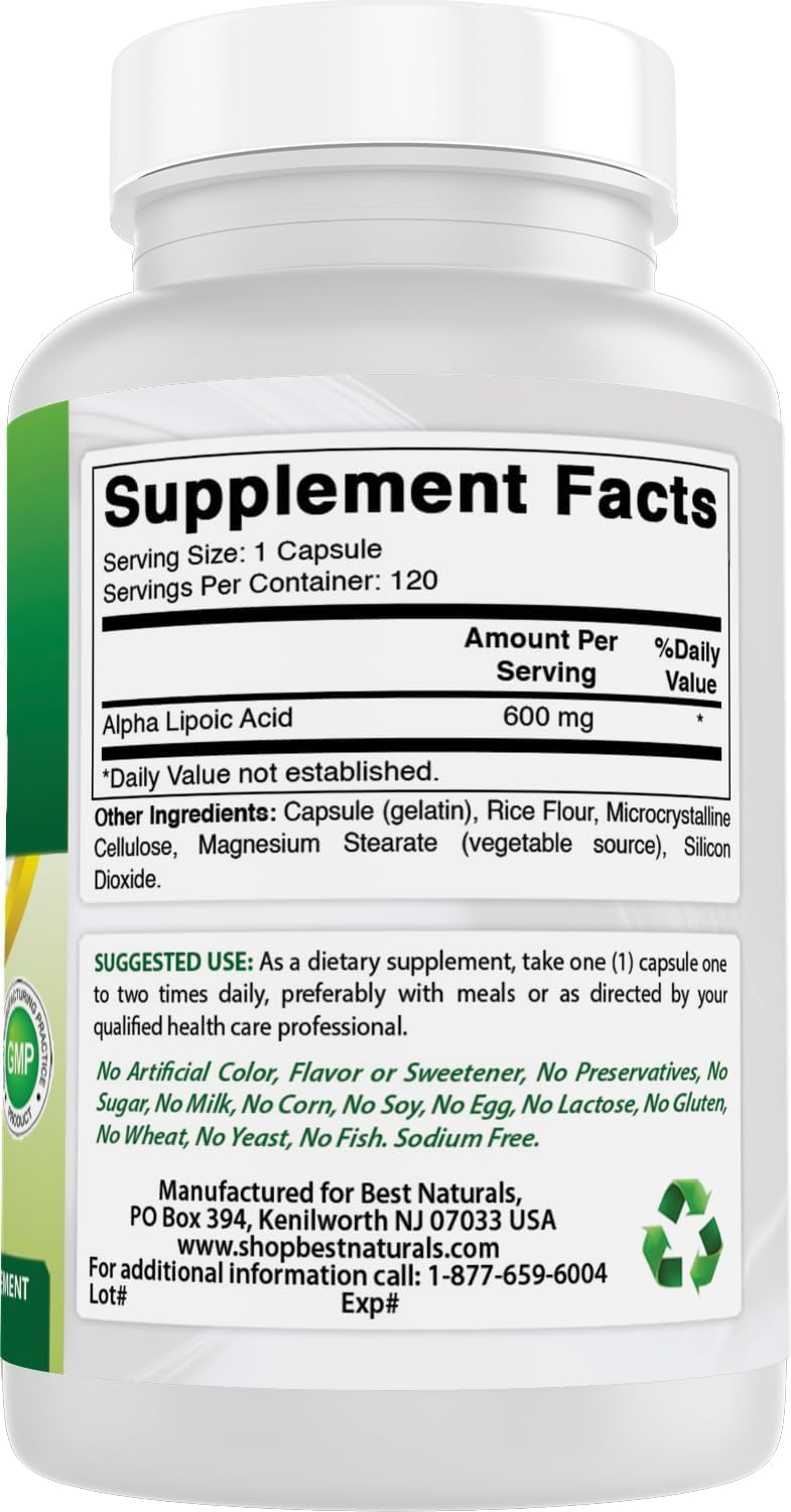 Label close-up on Best Naturals Alpha Lipoic Acid 600 mg bottle