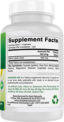 Label close-up on Best Naturals Alpha Lipoic Acid 600 mg bottle