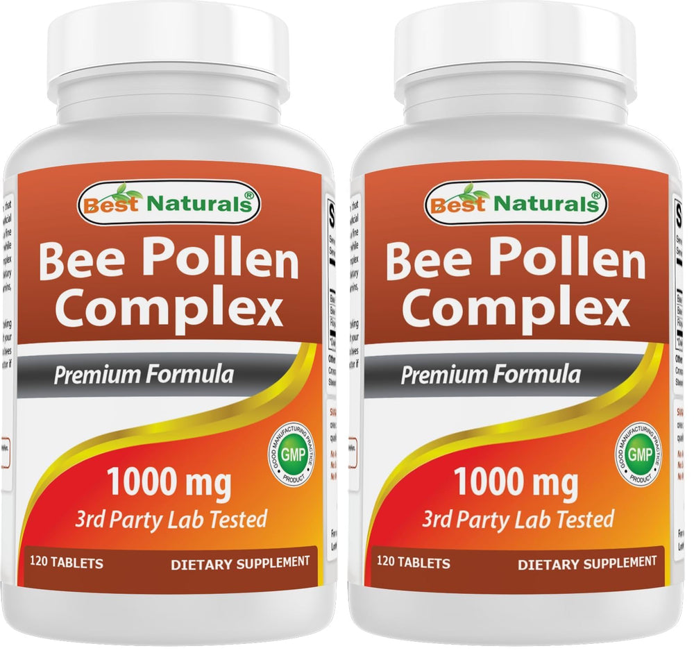 Front view of Best Naturals Bee Pollen Complex bottle, 1000 mg, pack of 2