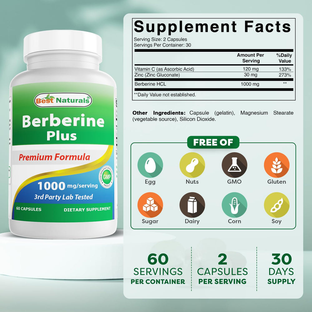 Supplement facts panel showing Berberine HCL per serving