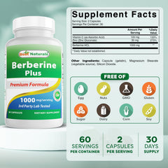 Supplement facts panel showing Berberine HCL per serving