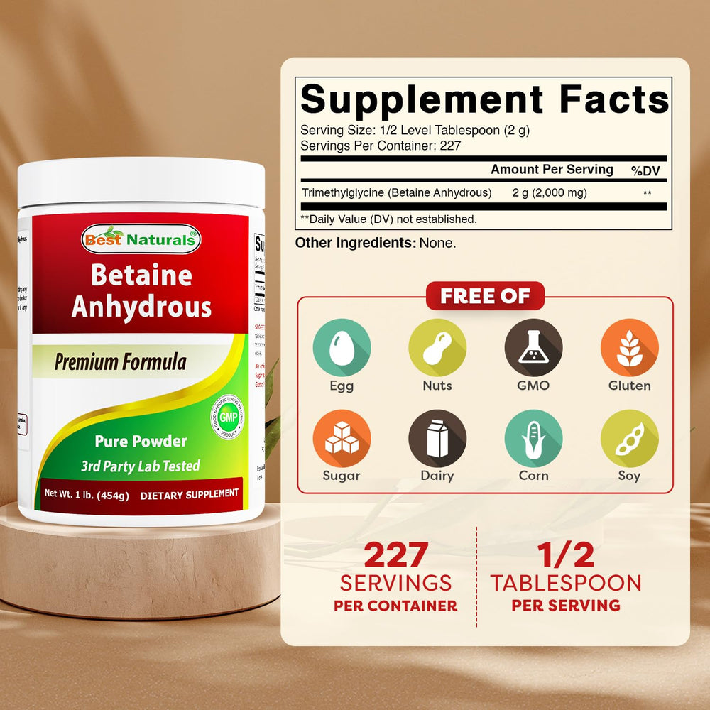 Packaging image showing 2 packs of Best Naturals Betaine Anhydrous powder