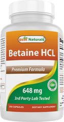 Front view of Best Naturals Betaine HCL 648 mg 250 capsules bottle
