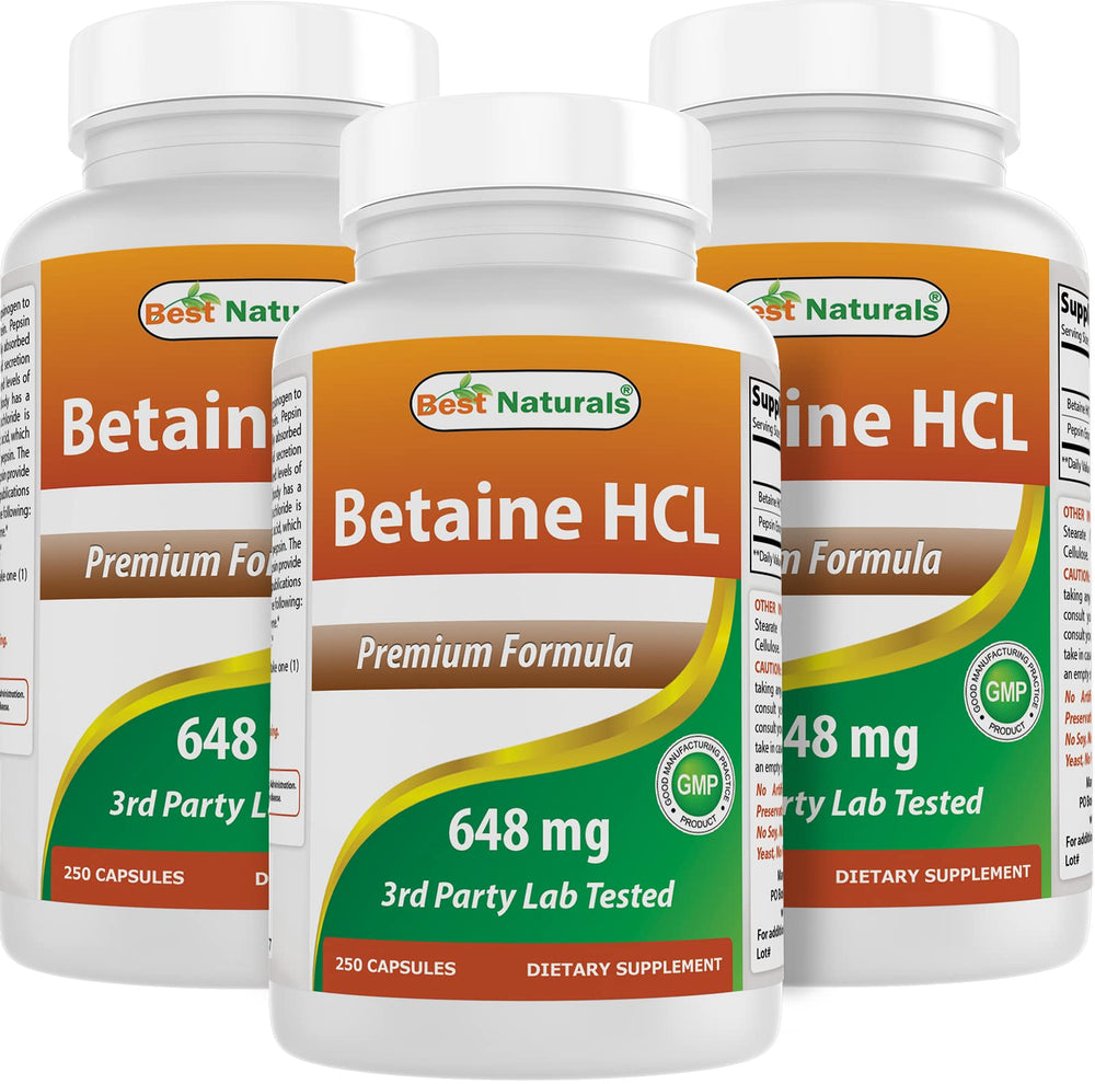 Best Naturals Betaine HCl 648 mg bottle front view shows trusted quality.