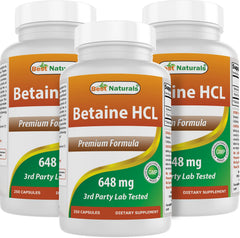 Best Naturals Betaine HCl 648 mg bottle front view shows trusted quality.