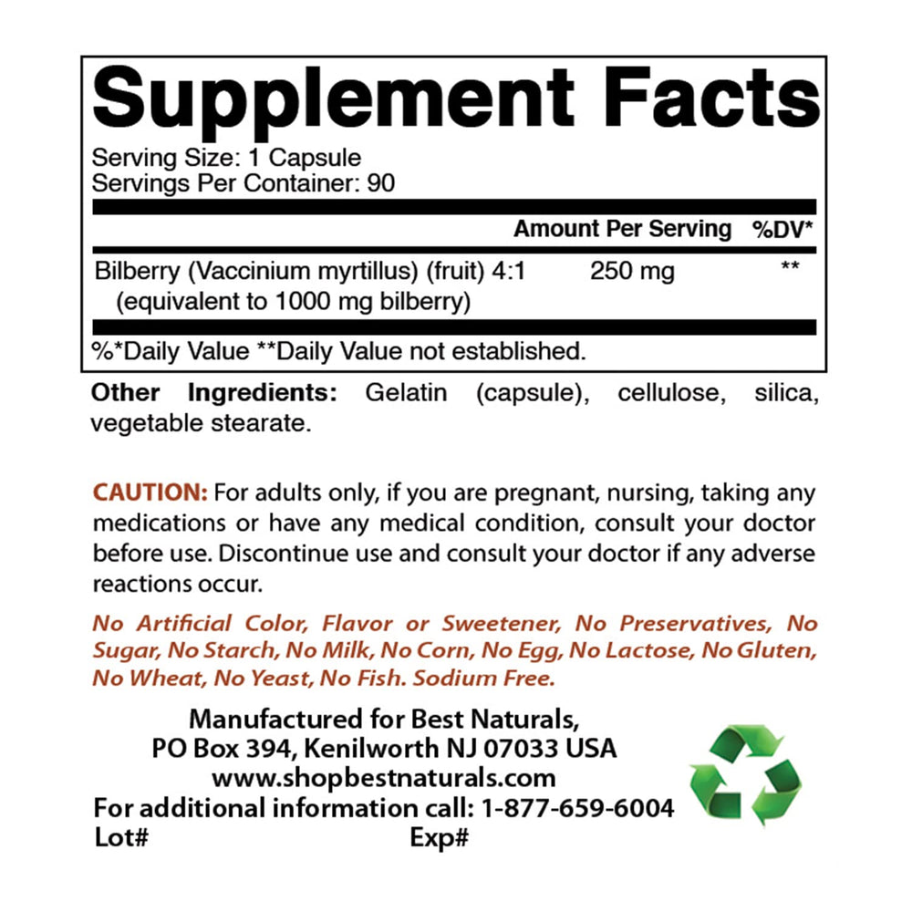 Supplement facts panel for Bilberry 1000 mg
