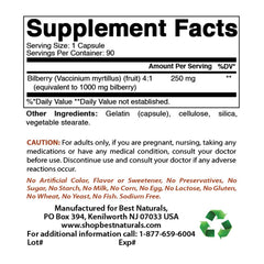 Supplement facts panel for Bilberry 1000 mg