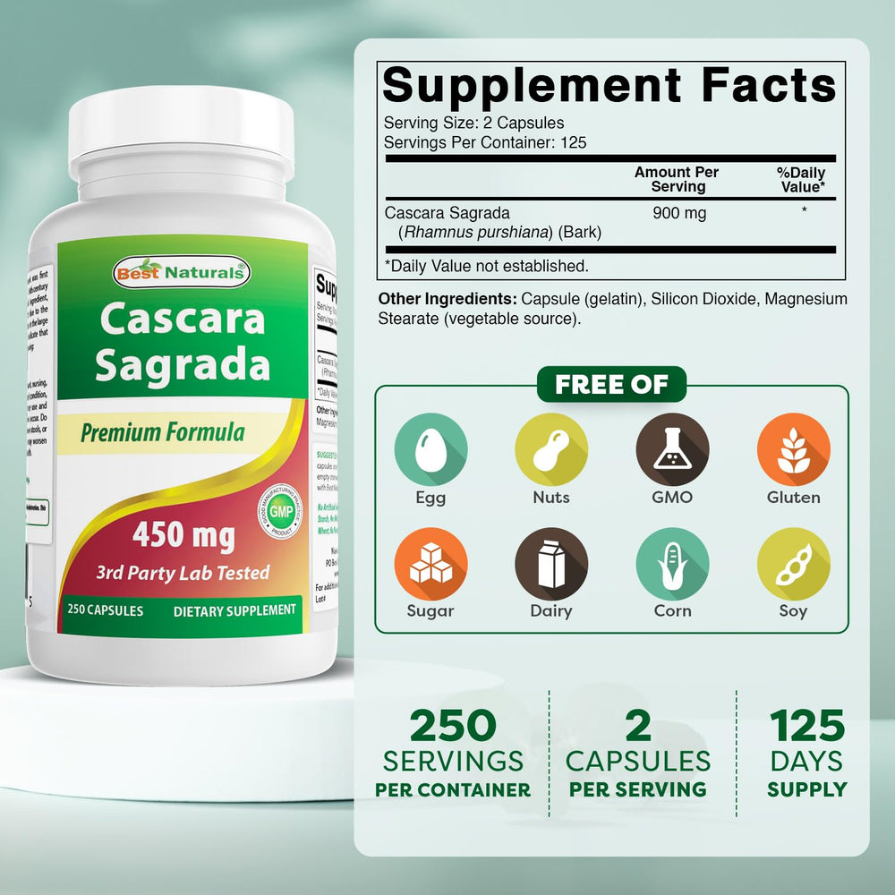 Best Naturals Cascara Sagrada bottle side with 450 mg capsules for daily use