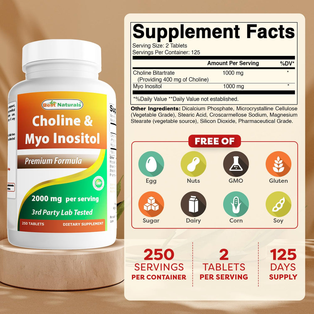 Choline Inositol 2000 mg label highlighting Non-GMO and Gluten Free
