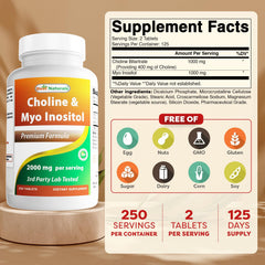 Choline Inositol 2000 mg label highlighting Non-GMO and Gluten Free