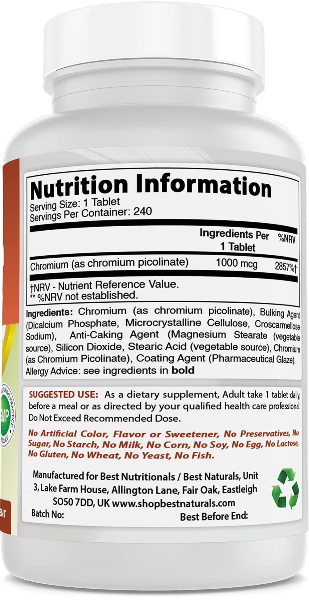 Close-up of chromium picolinate tablet (1000 mcg)
