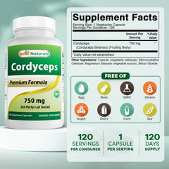 Close-up of Cordyceps Sinensis label showing 750 mg per capsule