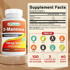 Serving size illustration showing 3 capsules for D-Mannose