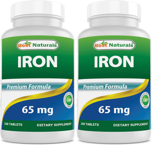 Best Naturals Iron Supplement bottle displaying 65 mg per tablet and 240 tablets per bottle