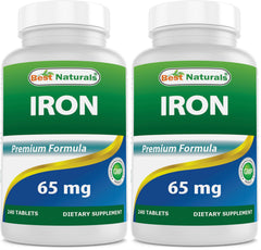 Best Naturals Iron Supplement bottle displaying 65 mg per tablet and 240 tablets per bottle