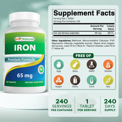 Close-up of Best Naturals Iron supplement bottle label