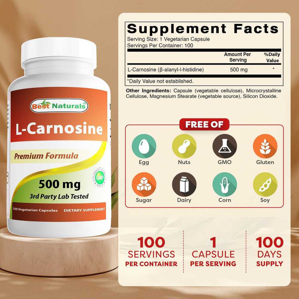 Back label of Best Naturals L-Carnosine 500 mg bottle