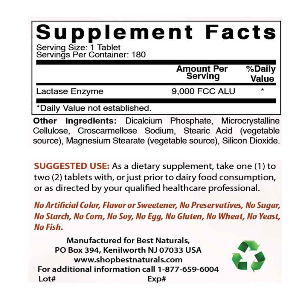 Bottle of Best Naturals Lactase Tablets on white background