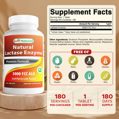 Supplement facts panel on Best Naturals lactase enzyme bottle