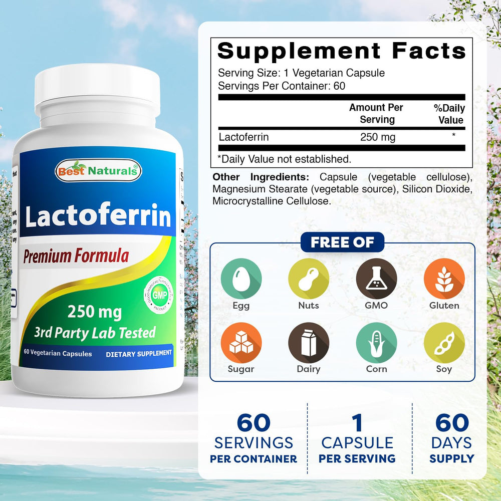 Lactoferrin 250 mg per vegetarian capsule label close-up