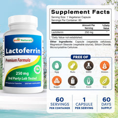 Lactoferrin 250 mg per vegetarian capsule label close-up