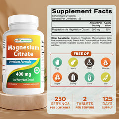 Close-up of Best Naturals Magnesium Citrate 400 mg bottle label