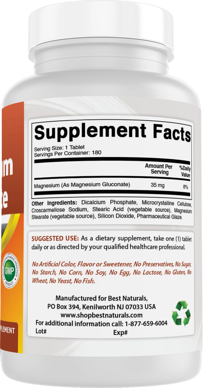 Front view of Best Naturals Magnesium Gluconate bottle with packaging
