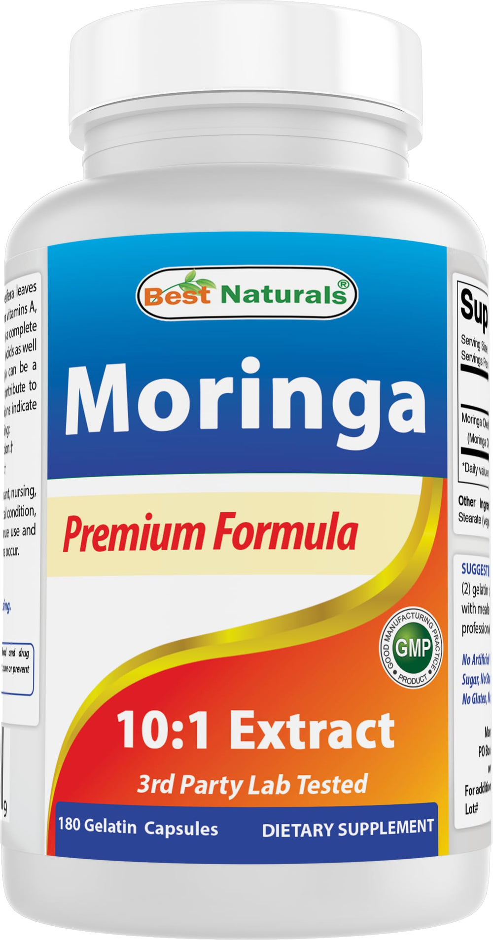 Front view of Best Naturals Moringa Extract bottle with 180 capsules