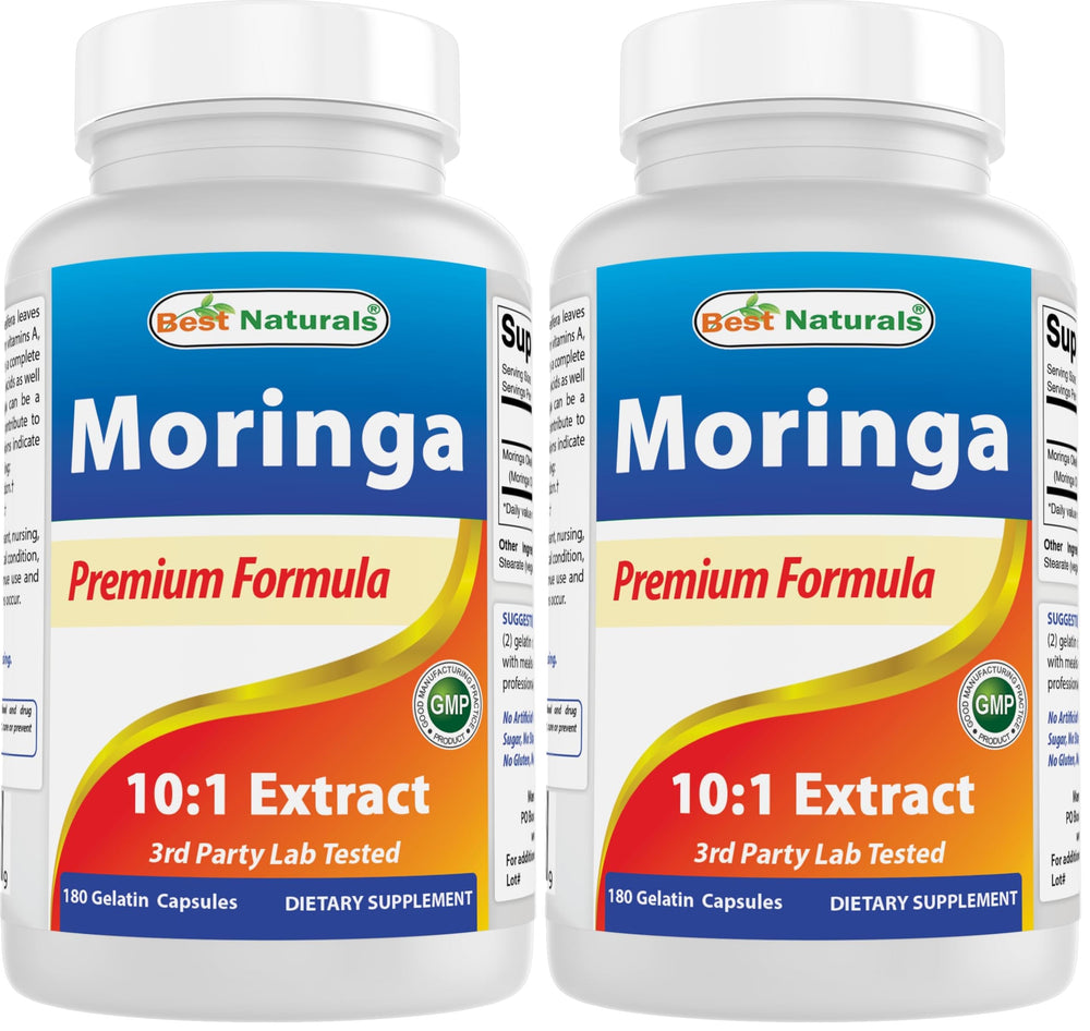 Front view of Best Naturals Moringa Extract 10:1 1500mg 180 capsules Pack 2