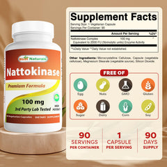 Close-up of nattokinase label showing 2000 FU and 100 mg