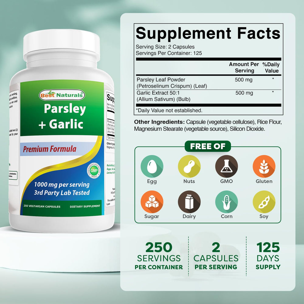 Ingredient panel showing 1000 mg per serving parsley powder and garlic extract