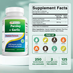 Ingredient panel showing 1000 mg per serving parsley powder and garlic extract