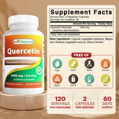 Close-up of Quercetin 1000 mg per serving information on bottle