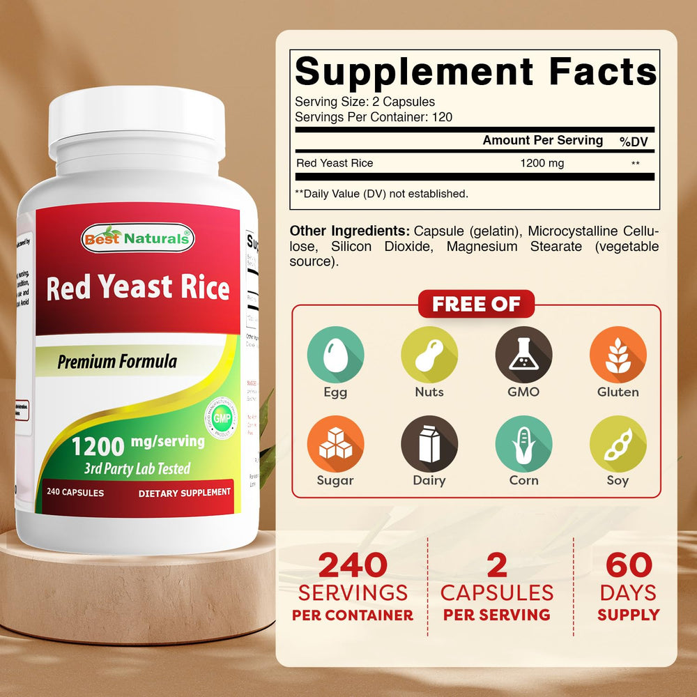 Close-up label of Best Naturals Red Yeast Rice 1200mg - 240 capsules