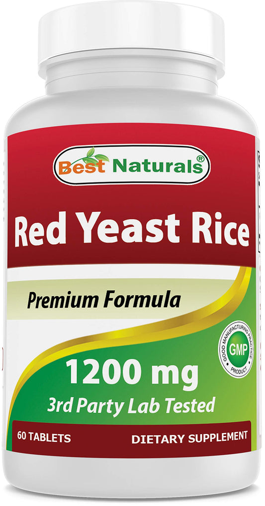 Front view of Best Naturals Red Yeast Rice 1200 mg bottle with 60 tablets