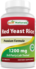 Front view of Best Naturals Red Yeast Rice 1200 mg bottle with 60 tablets