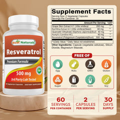 Bottle of Best Naturals Resveratrol Complex 500 mg with two 60-capsule packs